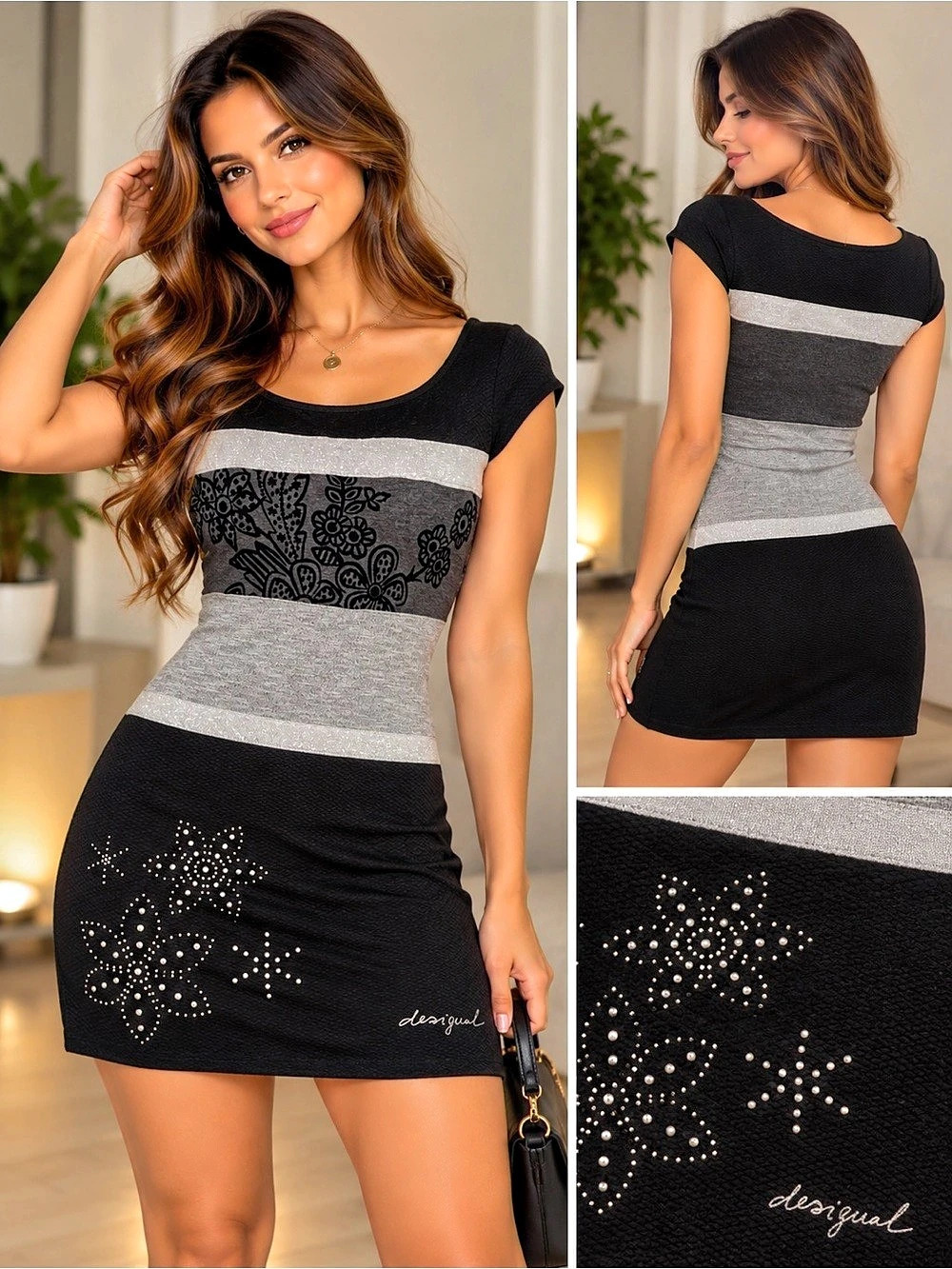 Desigual Women's Geometric Mini Dress in Black & Gray